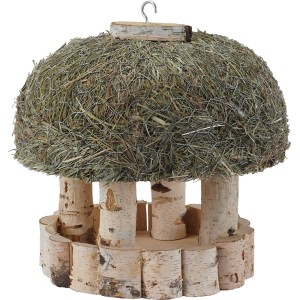 Rundes Vogelfutterhaus aus Birke mit Heudach, 32x32x31cm, für Wildvögel.