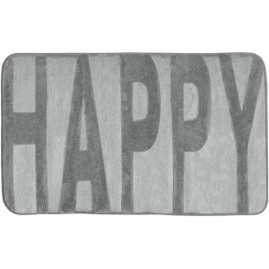 Grauer Wenko Badteppich Memory Foam Happy, 50x80 cm, mit Schriftzug.