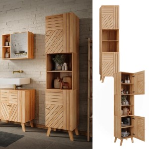 Vicco Badschrank Lucie Bambus, 177cm hoch, mit zwei Türen und offenem Fach für Badutensilien.
