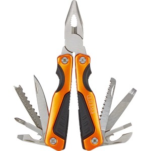 OBI Multitool 12-in-1, orangefarbene Zange mit diversen Werkzeugen.