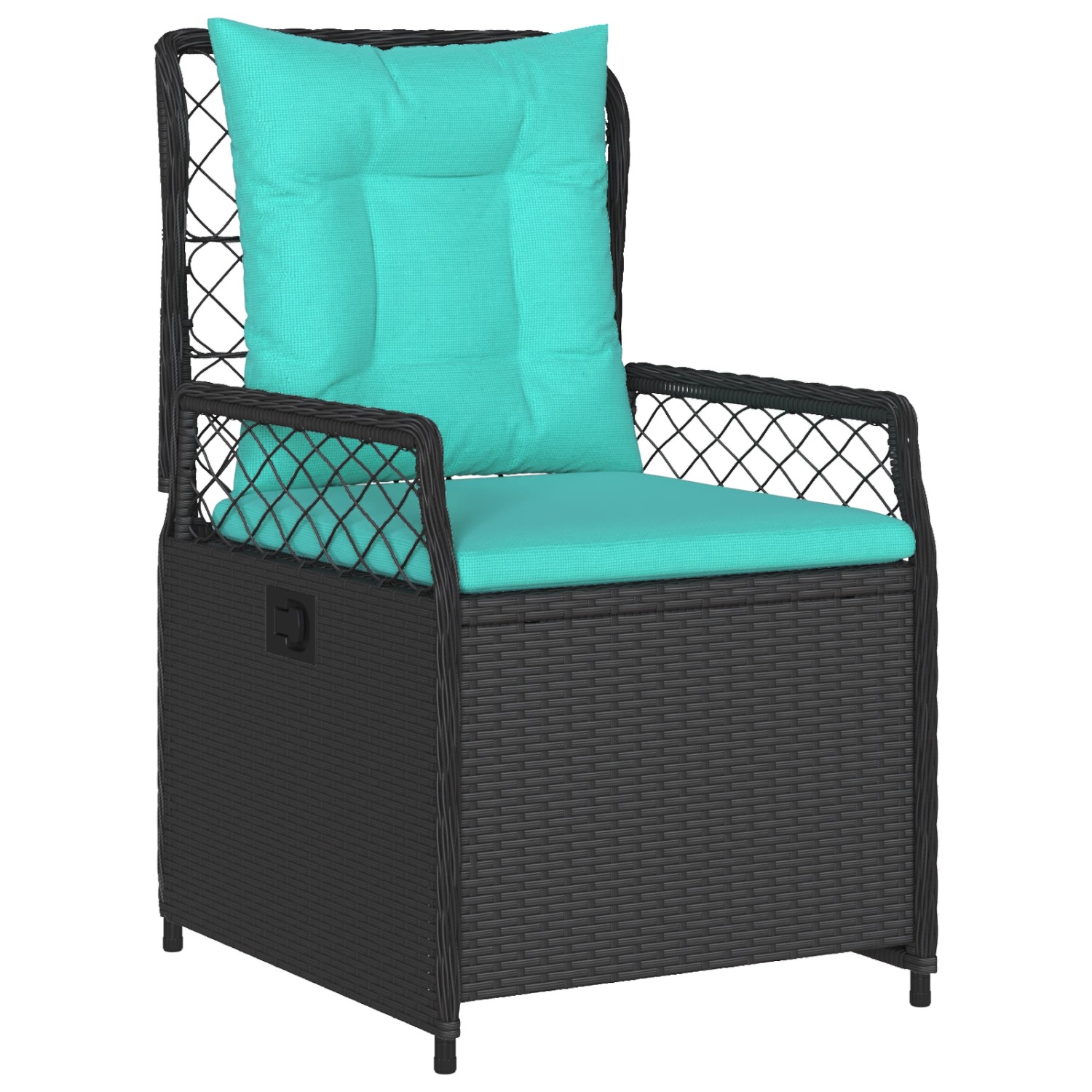 Schwarzer vidaXL Gartenstuhl aus Polyrattan mit türkisfarbenen Kissen, Teil der 5-tlg. Essgruppe.