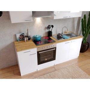 Respekta Küchenzeile KB210WWC, 210 cm, weiße Fronten, Holzoptik Arbeitsplatte, mit E-Geräten.
