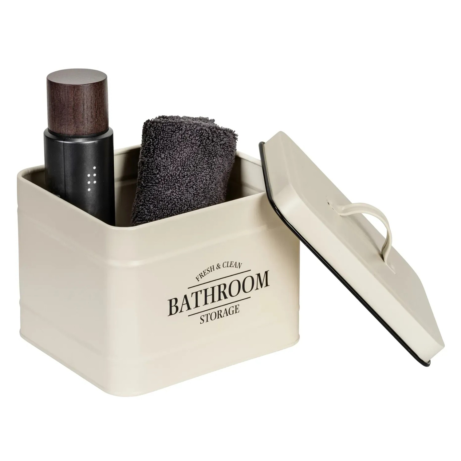 Beige Wenko Badbox Uri mit Deckel, gefüllt mit Handtuch und Flasche, Vintage-Stil.