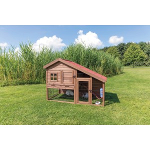 Trixie Kleintierstall Natura mit Freilaufgehege, braunes Holz mit rotem Dach, 151x107x80 cm.