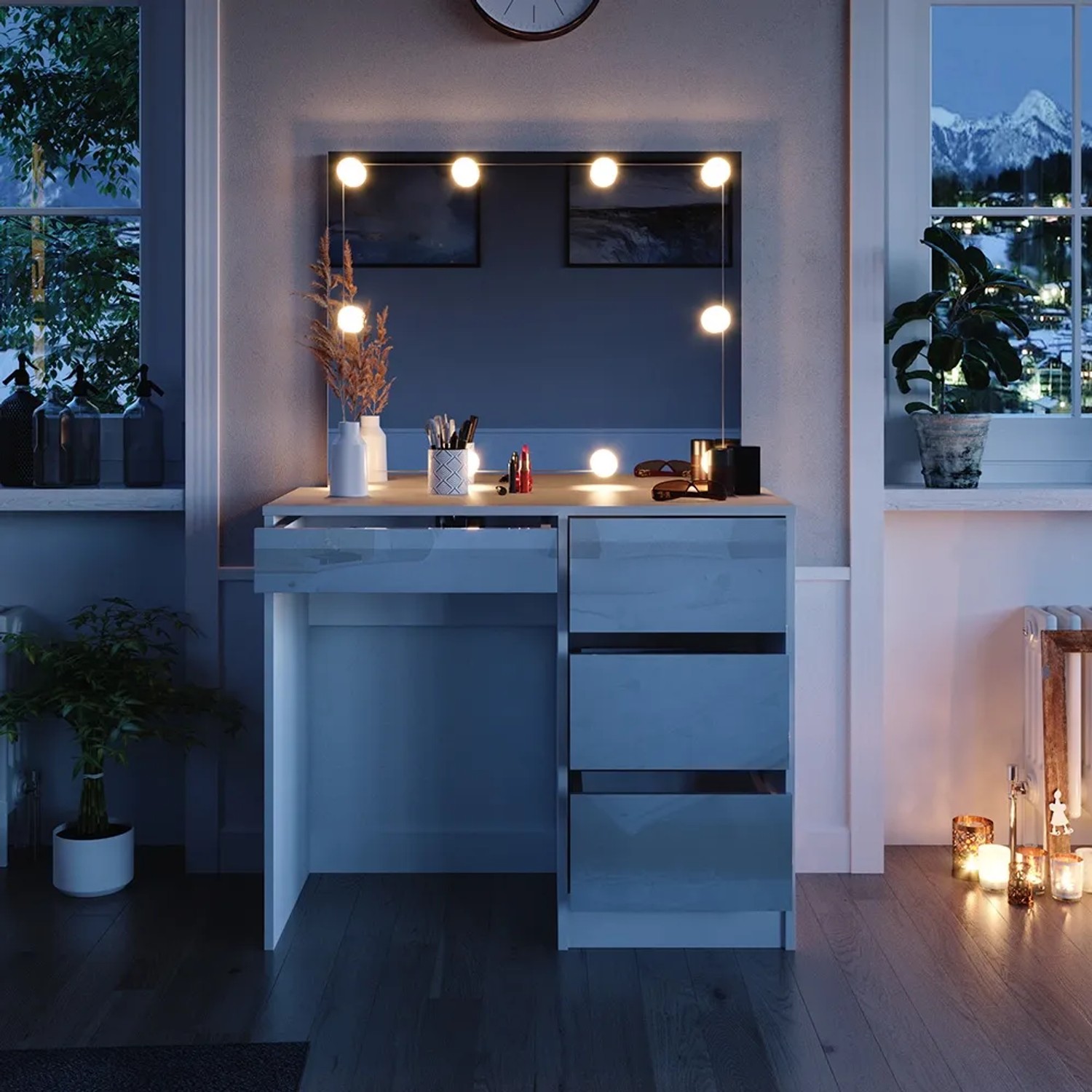 Weißer Vicco Schminktisch Sherry (90 cm) mit LED-Beleuchtung und Spiegel.