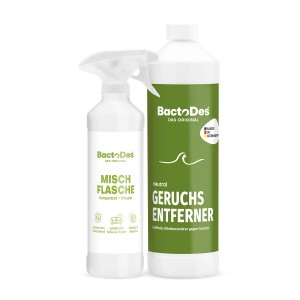 BactoDes Neutral Geruchsentferner Konzentrat mit Mischflasche, ideal für Haushalt & Gewerbe.