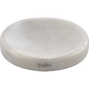 Weiße baliv Seifenschale aus Marmor mit grauen Akzenten.