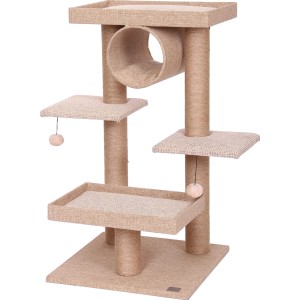 Beiger Ebi Kratzbaum Willow, 90,5 cm hoch, mit vier Liegeflächen, Spielbällen und einer Höhle.