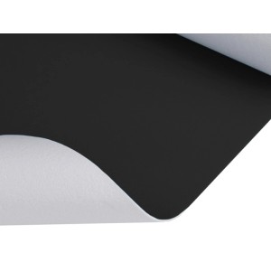 Schwarzer Primaflor PVC Expotop Bodenbelag, teilweise aufgerollt, mit weißer Rückseite. Strapazierfähig, schalldämmend.
