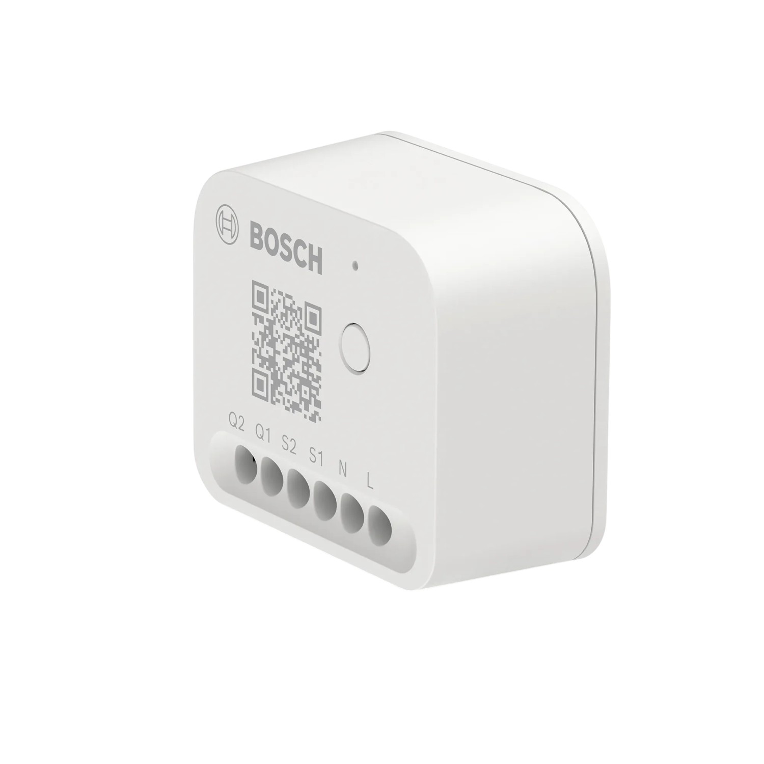 Weißes Bosch Smart Home Modul für Rollladen- und Lichtsteuerung mit Anschlüssen und QR-Code.