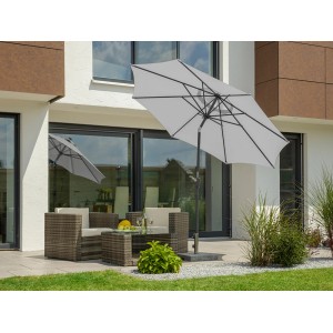 Schneider Marktschirm, Ø 270 cm, silbergrau, mit Kurbel, auf Terrasse mit Gartenmöbeln.