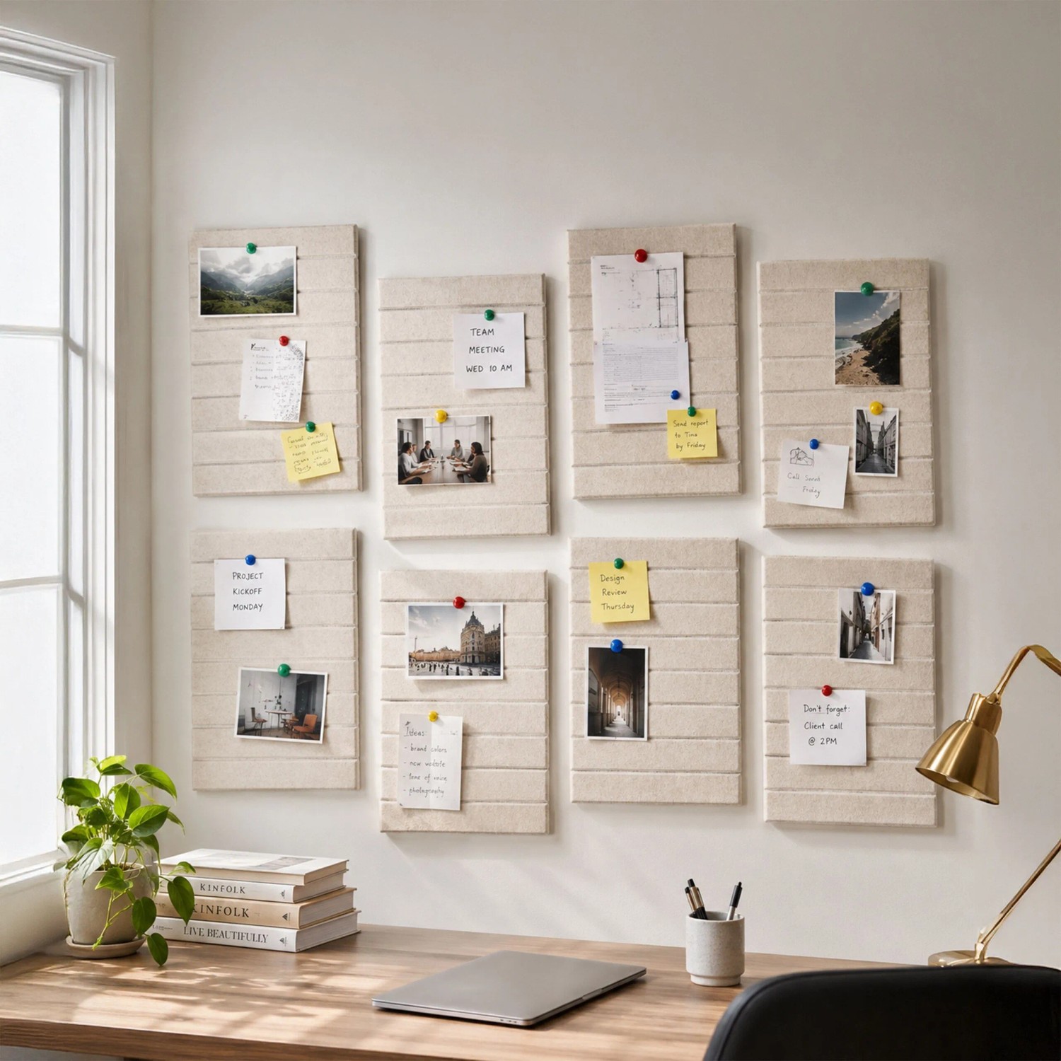 Beiges Filzpinnwand Set mit 9 selbstklebenden Akustikfilz-Modulen an weißer Wand über Schreibtisch, mit Notizen & Fotos.