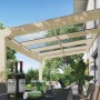 Unbehandelte Skan Holz Terrassenüberdachung Novara 557x359 cm mit klarer Doppelstegplatte.