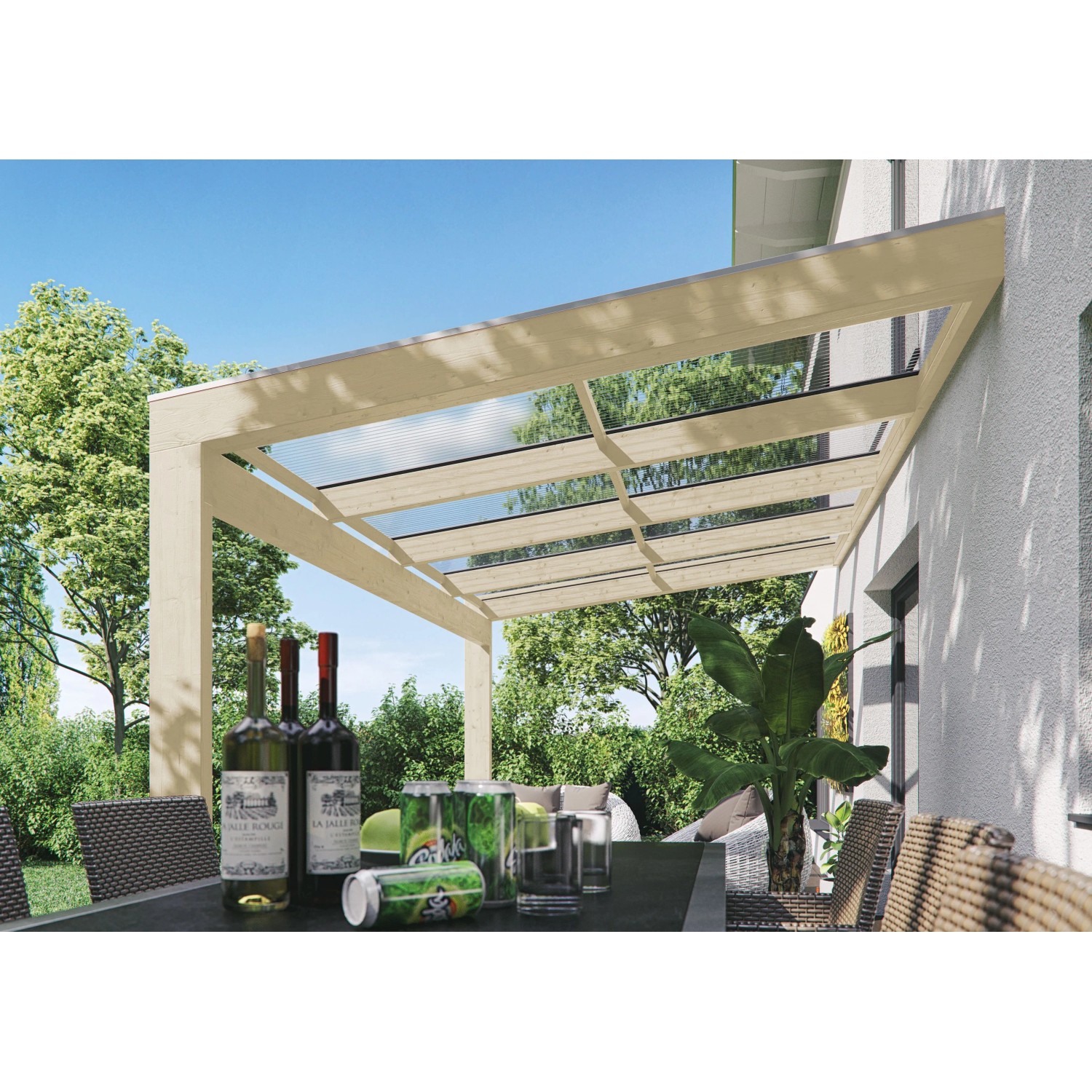 Unbehandelte Skan Holz Terrassenüberdachung Novara 557x359 cm mit klarer Doppelstegplatte.