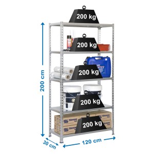 Verzinktes PROREGAL Schwerlastregal Big Metal Shark, 200x120x30cm, mit fünf Fachböden und diversen Gegenständen.