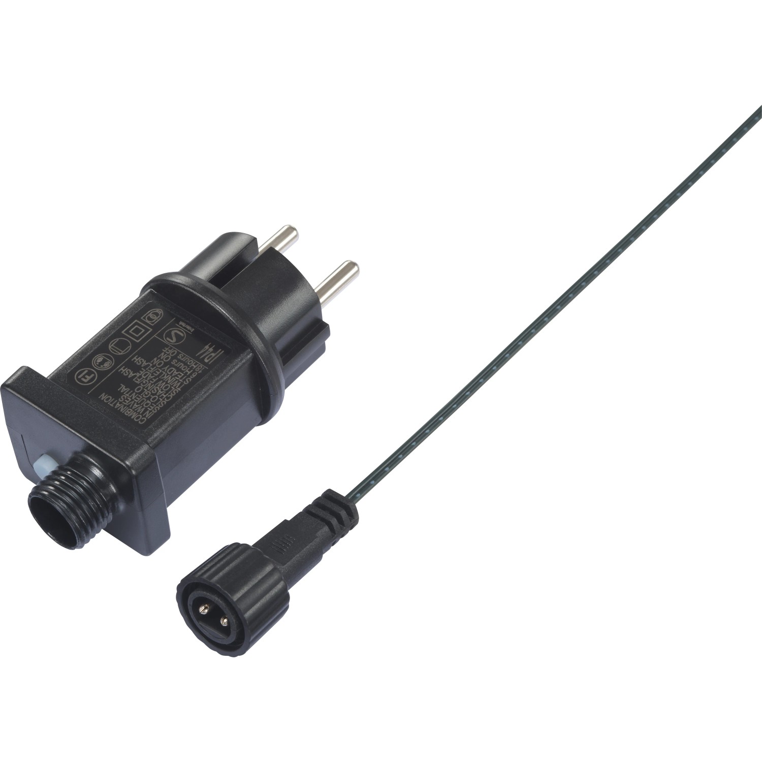 Netzteil und Zuleitung der LED-Lichterkette für Außen mit 700 warmweißen LEDs.