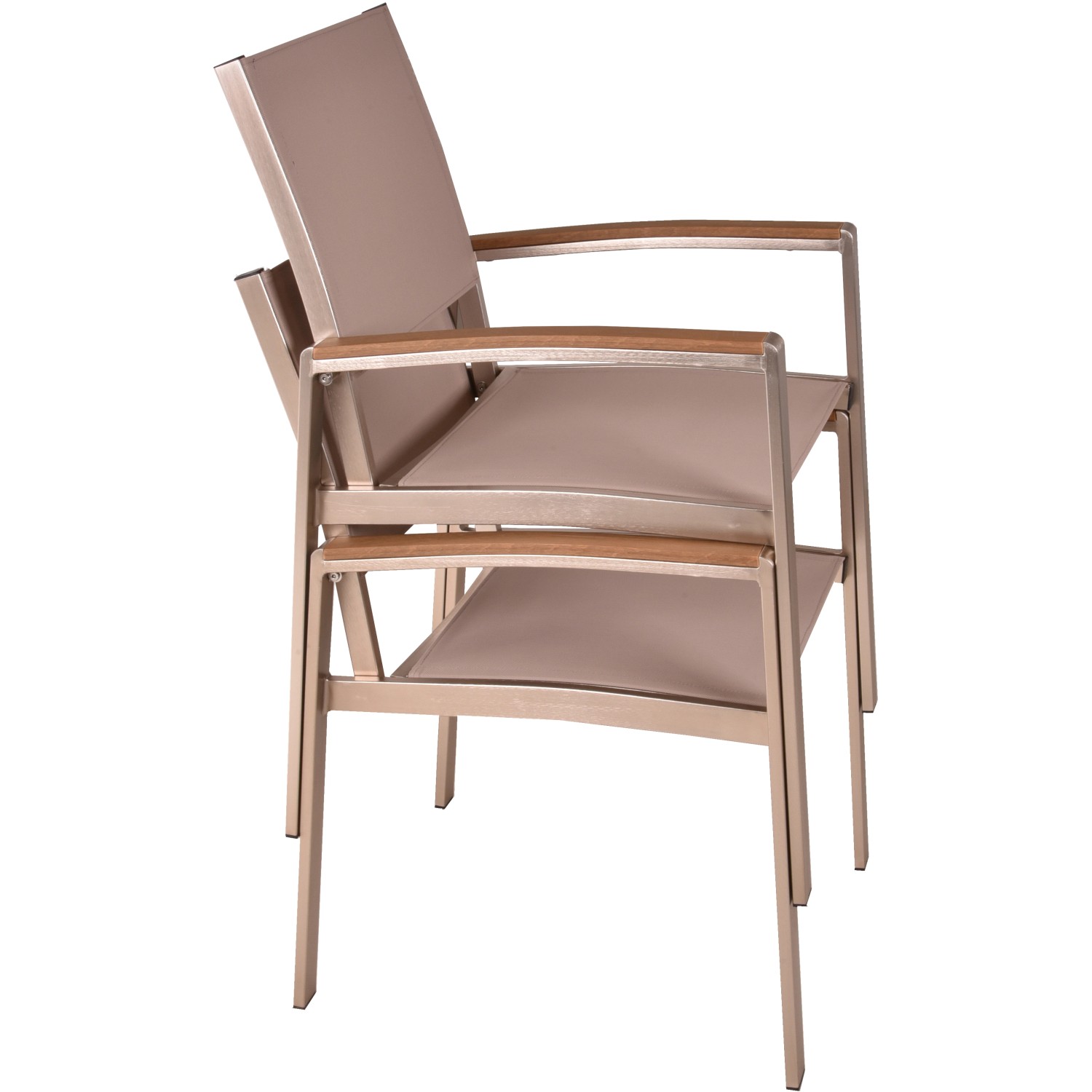 Stapelstühle im Gartenmöbel-Set Florence, champagnerfarbenes Aluminiumgestell mit Polywood Armlehnen.