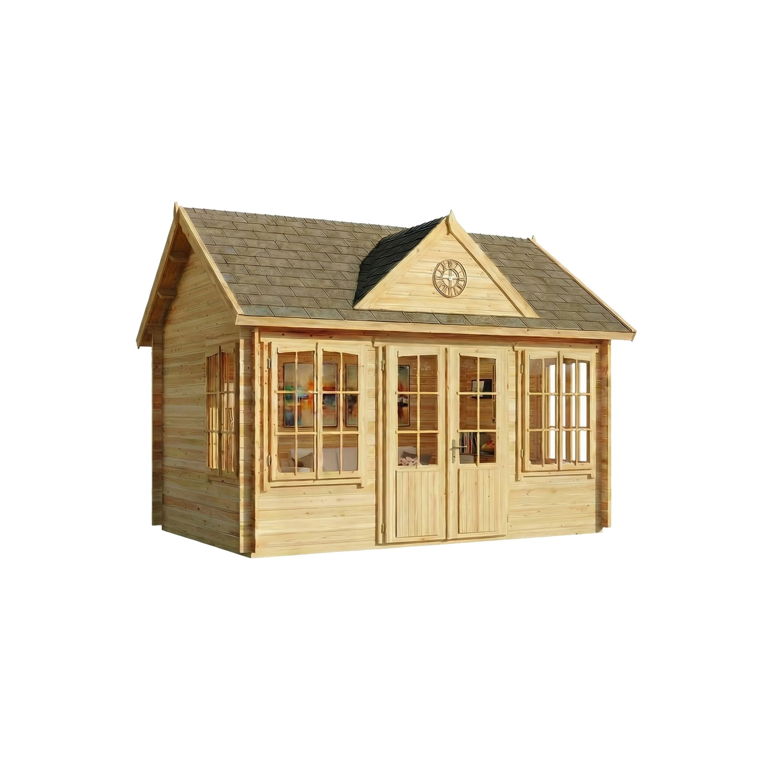 Unbehandeltes Alpholz Gartenhaus CLOCKHOUSE-28 mit Satteldach, 400x296 cm.