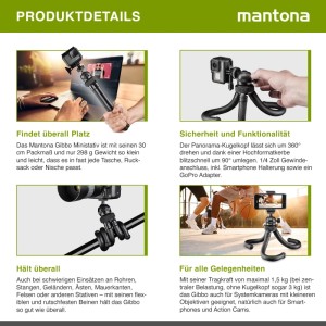 Mantona Gibbo Flex Ministativ: flexibles Dreibein für Kamera, Smartphone, GoPro. Vielseitiges Fotostativ mit Kugelkopf.