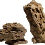 Aquariendekoration: Zwei rotbraune Drachensteine mit poröser Struktur.