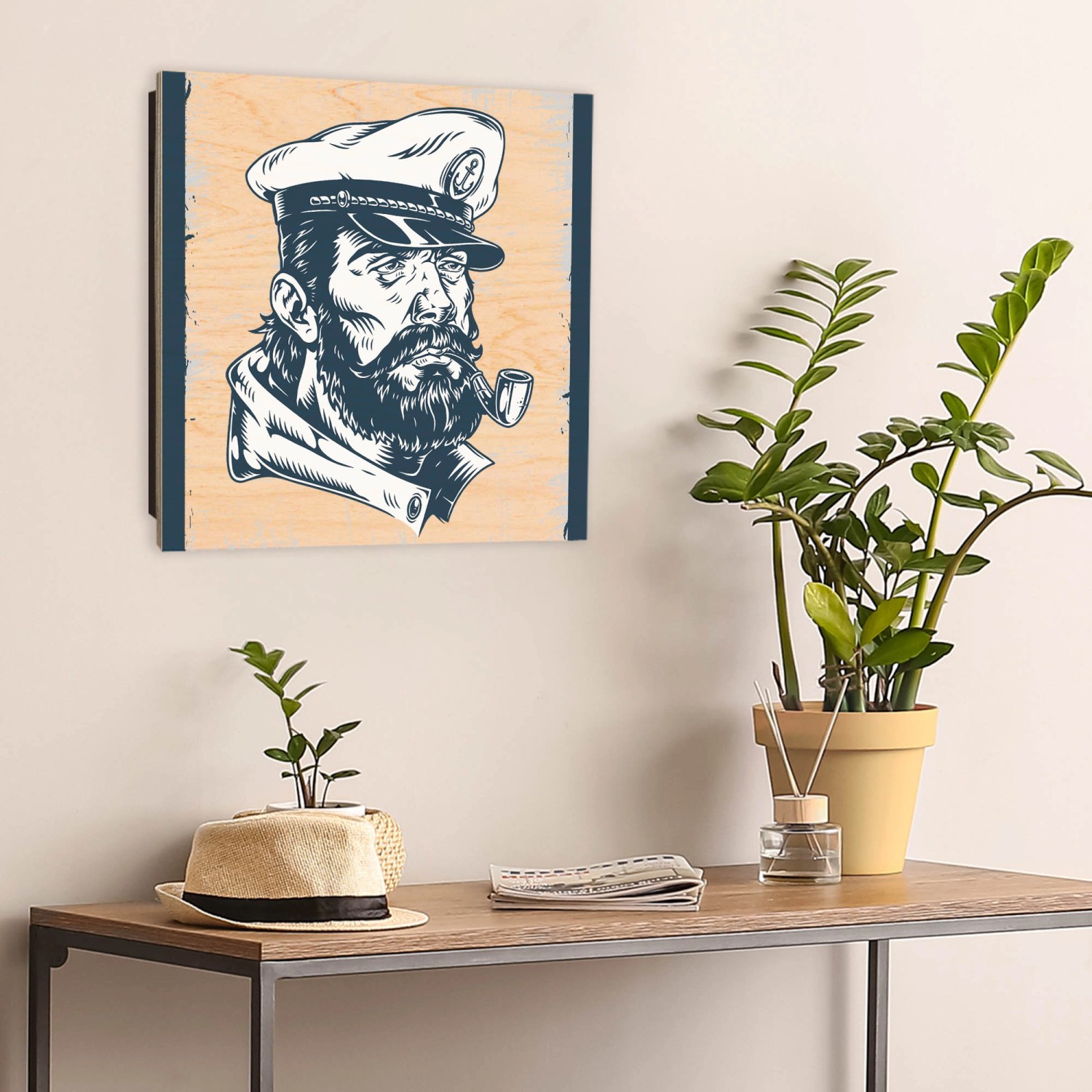 Schwarzer Banjado Schlüsselkasten aus Holz, 30x30cm, Motiv Kapitän Portrait, 50 Haken.