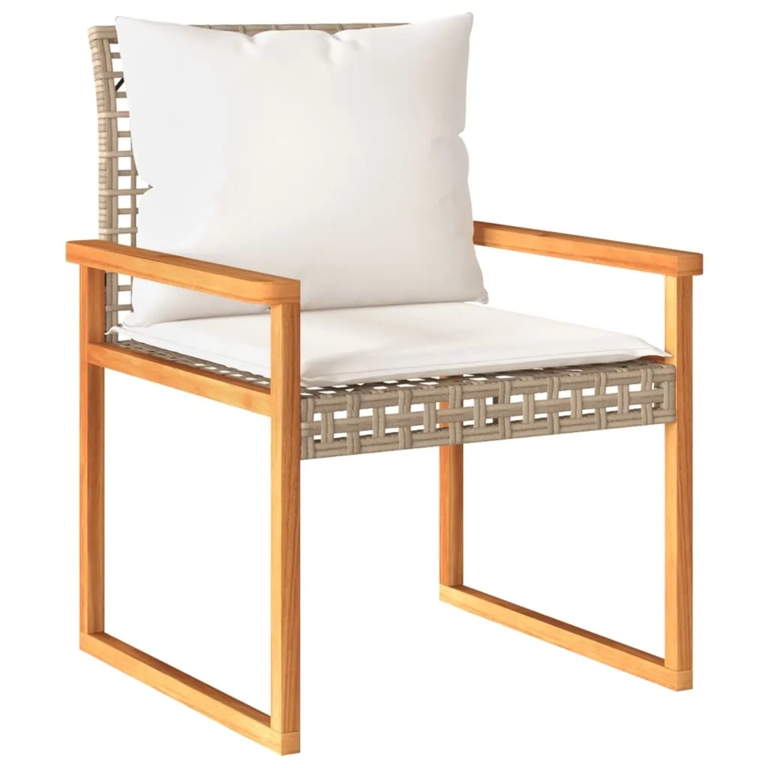 Gartenstuhl aus Akazienholz und Rattan mit cremeweißen Kissen, Teil des vidaXL Bistro-Sets.