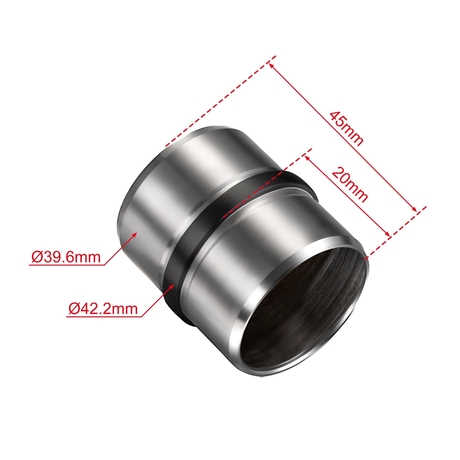 Gerader Handlaufverbinder aus gebürstetem Edelstahl, 45mm lang, Ø42.2mm, mit schwarzem Ring und Maßangaben. Für Handläufe und Rohre.