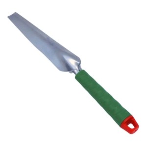Unkrautstecher aus Stahl mit grünem Kunststoffgriff und rotem Aufhängeloch, 35 cm lang.