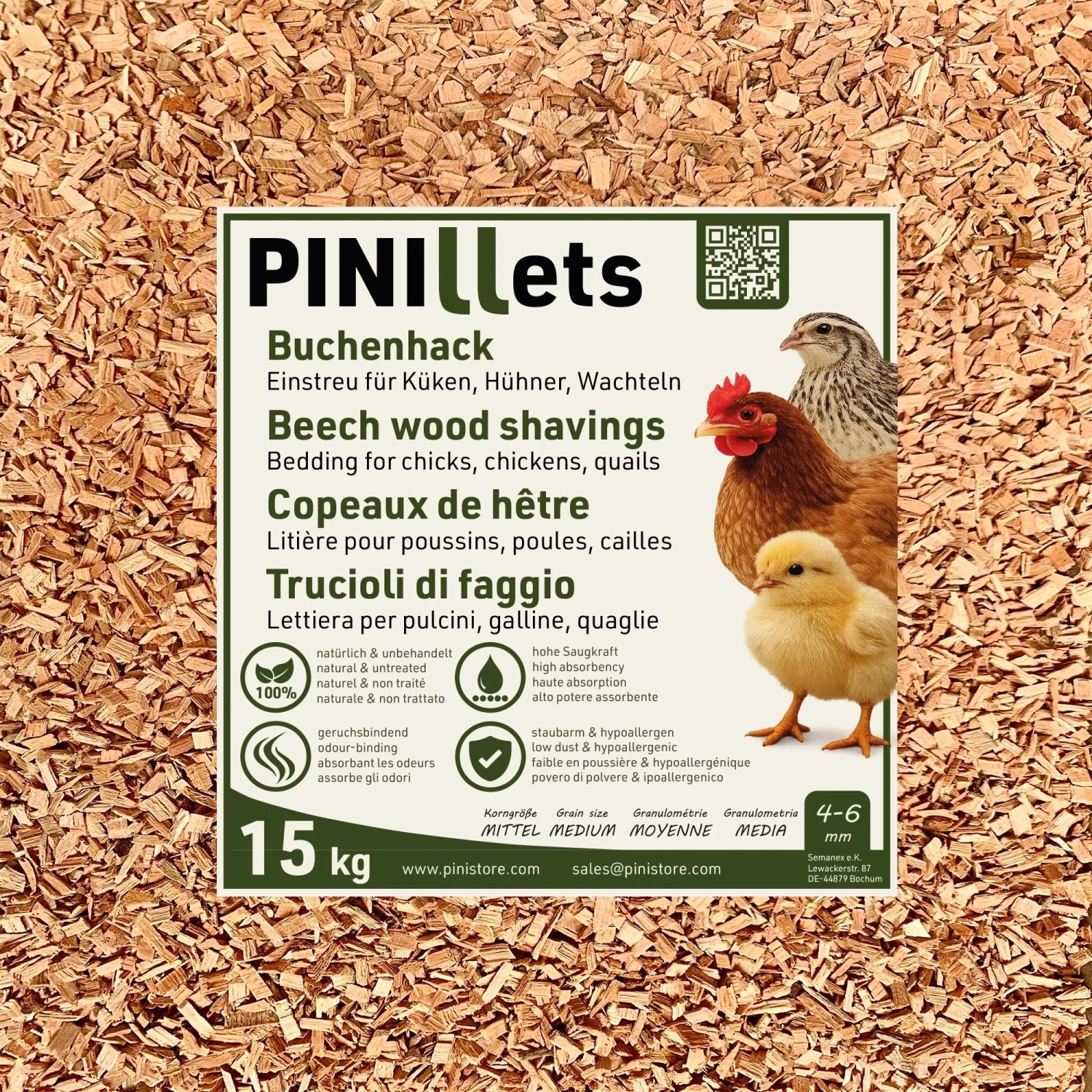PINI Buchenhack Mittel 15 kg Einstreu für Hühner, Küken & Wachteln