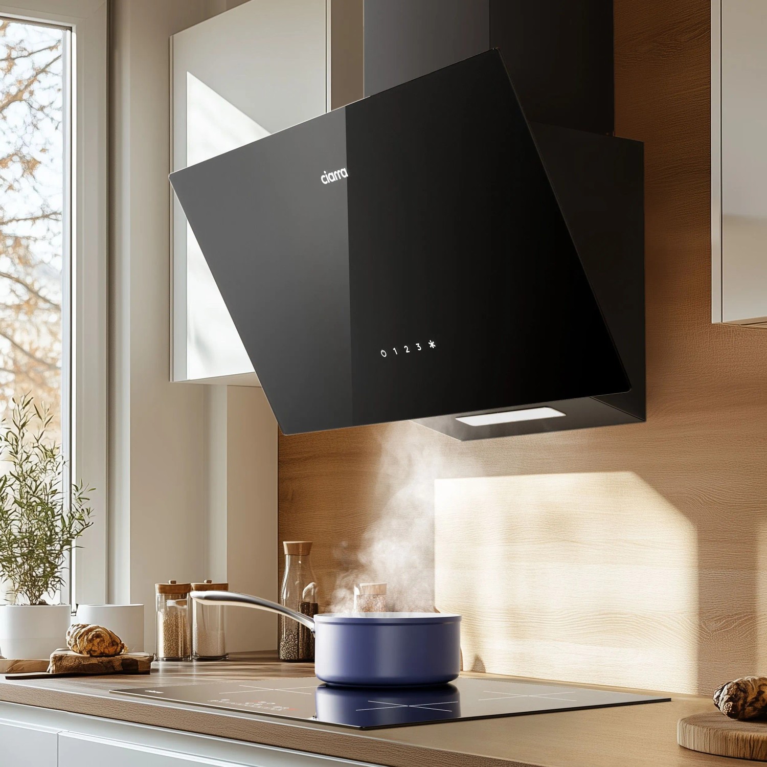 Schwarze CIARRA Kopffreihaube 60 cm aus Glas mit Touch-Bedienung über Kochfeld, zieht Dampf ab. Dunstabzugshaube.