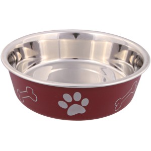 Jollypaw Edelstahlnapf, rot mit Pfote und Knochen, 0,8 l, ø 17 cm. Rutschfester Hundenapf.