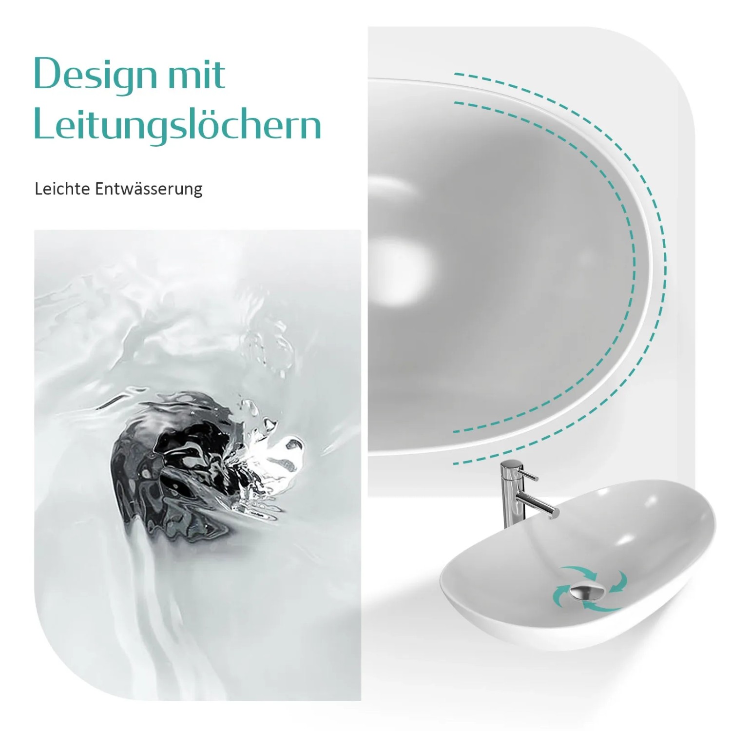 Ovales Emke Handwaschbecken aus Keramik, Aufsatzwaschbecken mit Armatur und Wasser im Abfluss.