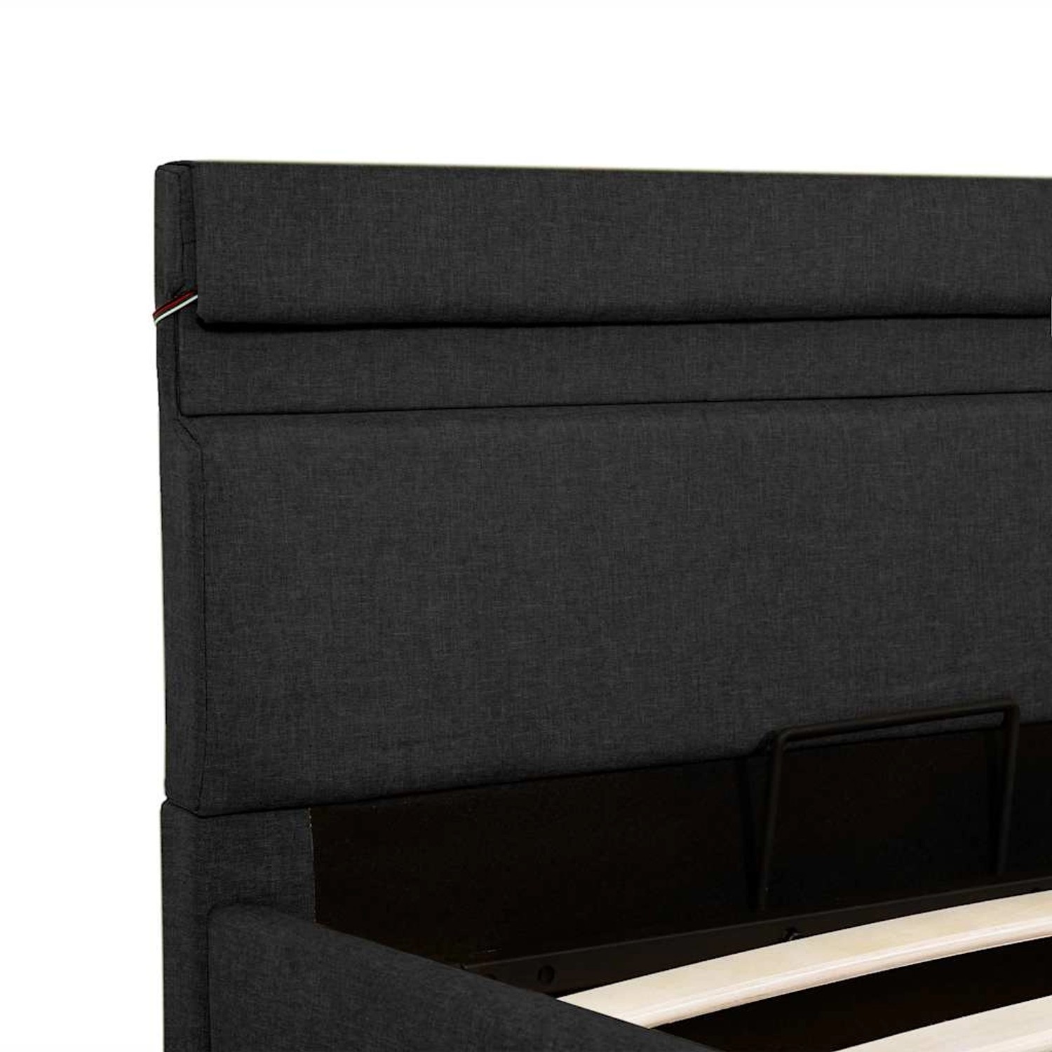 Detailansicht des dunkelgrauen vidaXL Bettes mit Bettkasten, Stoffbezug und LED-Leiste.
