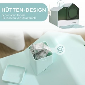 Hellblaue PawHut Katzentoilette im Hütten-Design mit Schaufel und herausnehmbarer Bodenwanne.