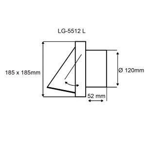 Technische Zeichnung des Häusler Edelstahl Lüftungsgitters LG 5512 L. Zeigt Maße 185x185mm, DN 125 und Rückstauklappe.