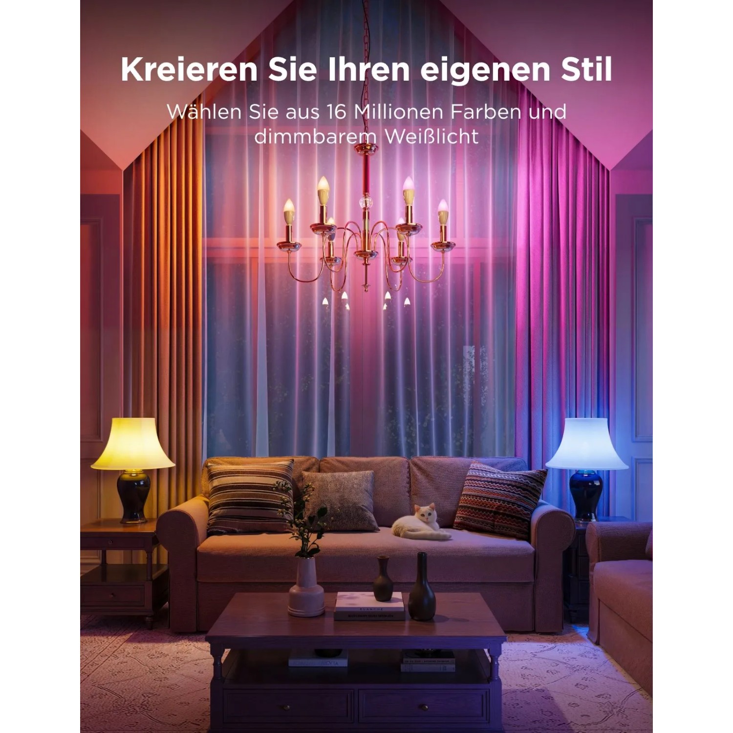 Wohnzimmer mit Govee B600C RGBWW Smart LED Bulbs E14. Farbige Beleuchtung, dimmbar, für individuelle Lichtstimmung.