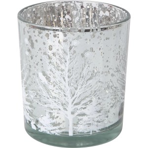 Mehrfarbiges Teelichtglas mit Baum-Motiv, Ø 7 cm, festliche Weihnachtsdekoration.