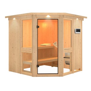 Karibu Sauna Anina 2 aus naturbelassenem Holz mit Kranz und Glastür. Massivholzsauna für den Innenbereich.