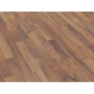 Dunkler Laminatboden in Nussbaum Optik mit naturmatter Oberfläche und Holzstruktur.