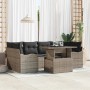 Graues 7-teiliges vidaXL Garten-Sofa-Set aus Poly Rattan mit Kissen und Tisch.