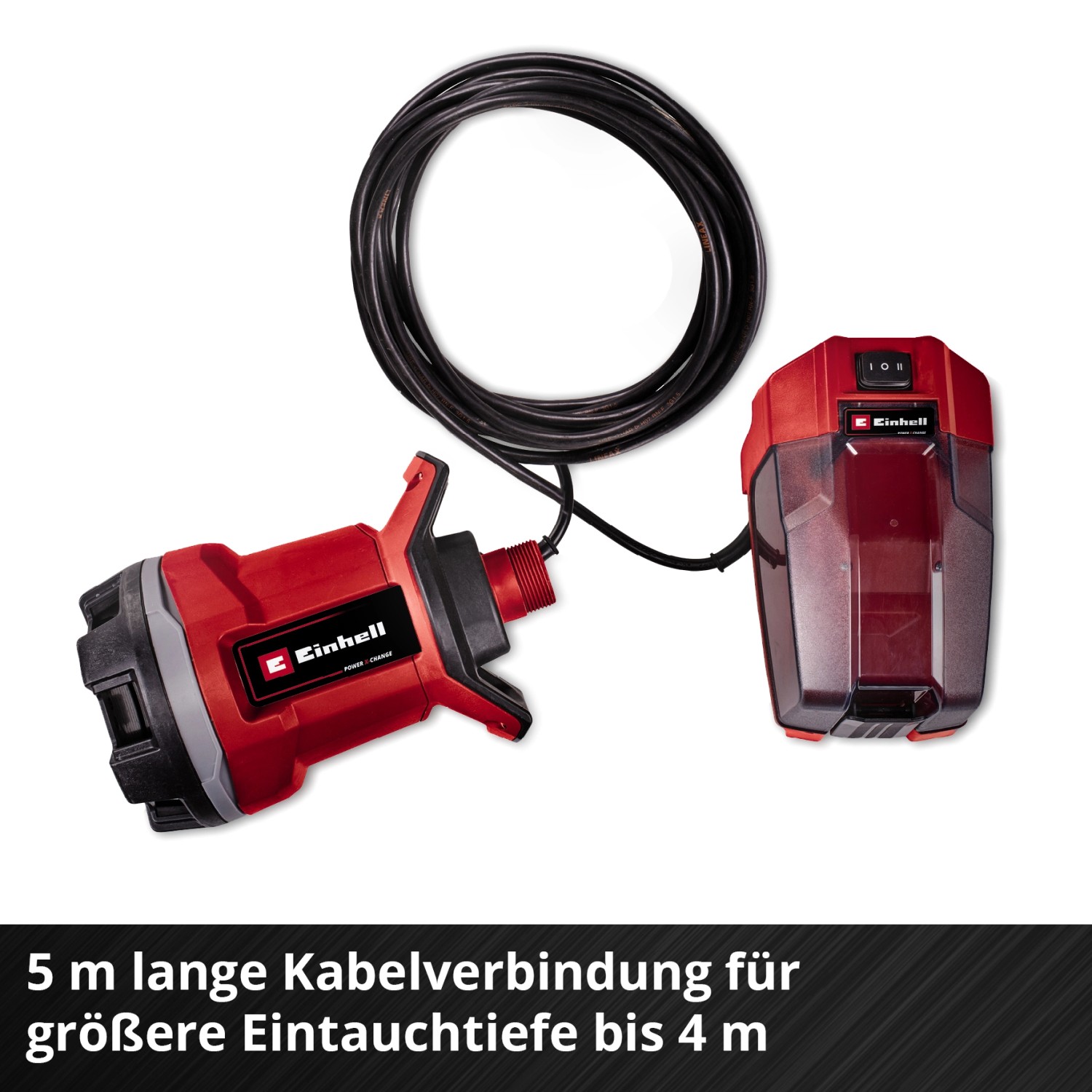 Einhell Akku-Schmutzwasserpumpe GE-DP 18/25 Li-Solo mit Batteriebox und Kabel.