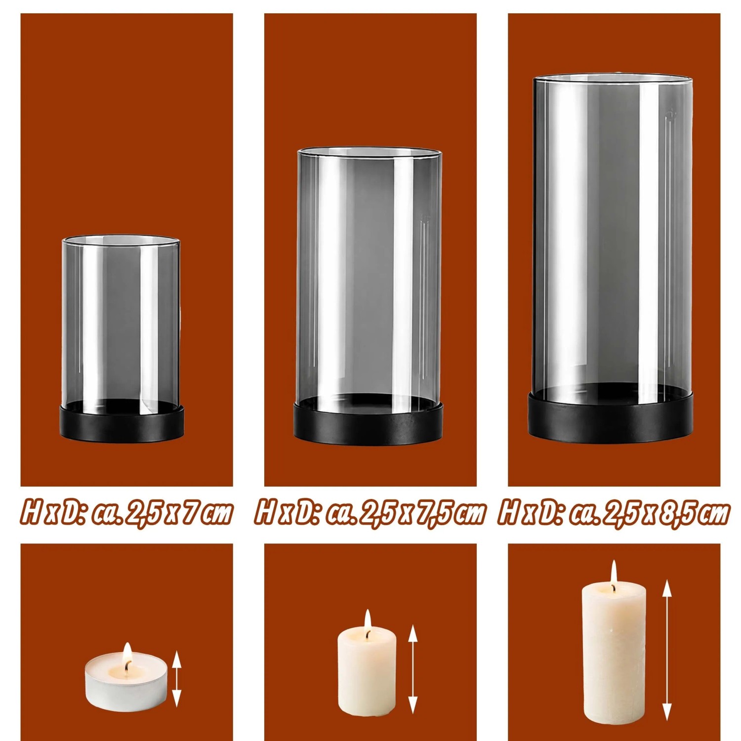 6er Set Windlichter aus Rauchglas mit schwarzem Eisenfuß in 3 Größen. Zylindrische Kerzenhalter für Teelichter und Stumpenkerzen.