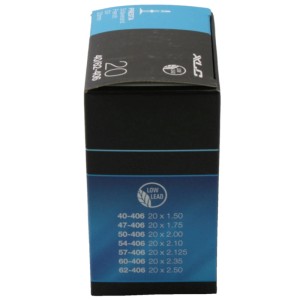 Schwarze XLC Fahrradschlauch Verpackung 20 Zoll, Sclaverand-Ventil, mit blauen Details und Größenangaben 1.50-2.50.