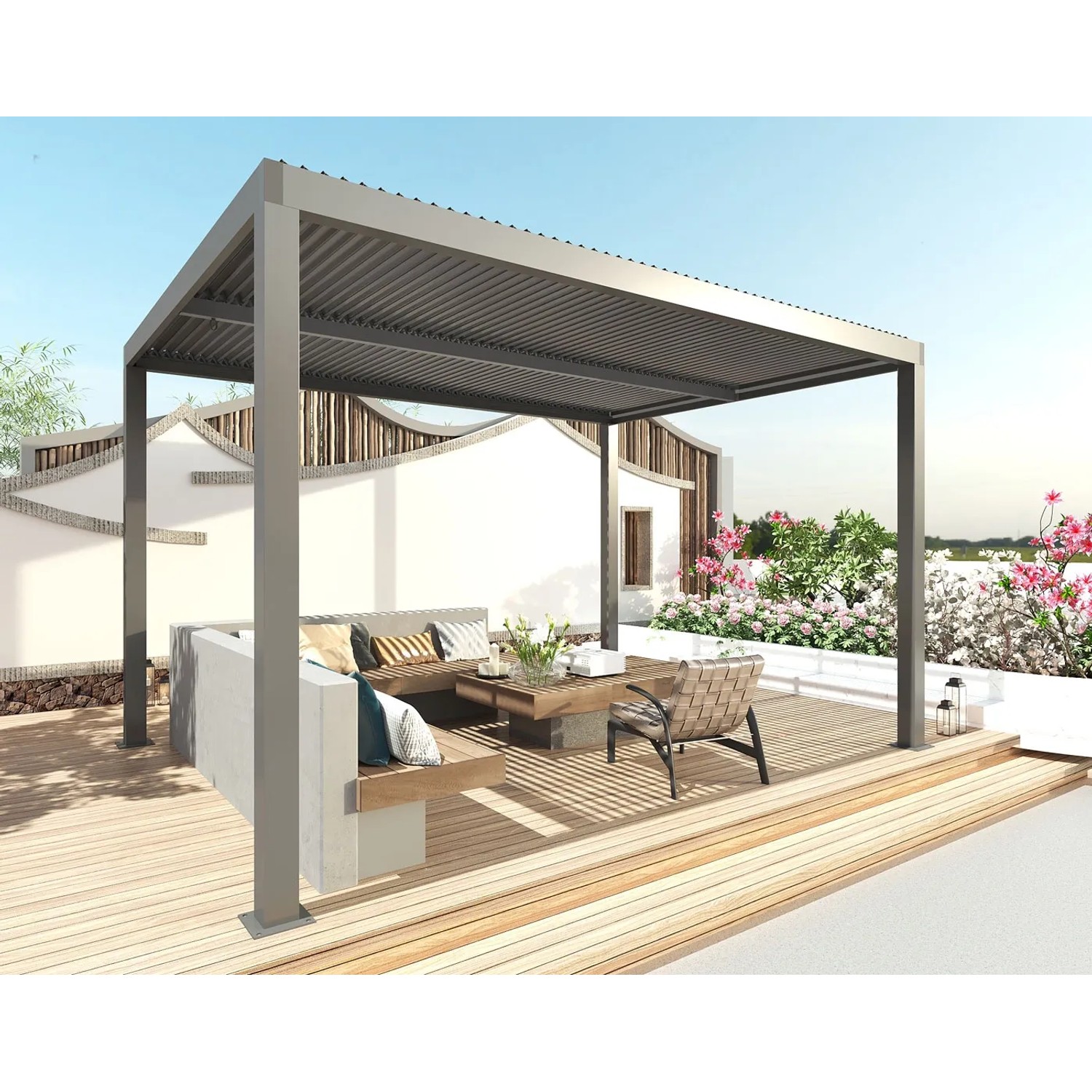 Anthrazitfarbene MCW Pergola L46 mit Seitenwand, 3x4m, Aluminiumgestell. Terrassenüberdachung mit Lamellendach.