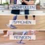 Bona Parkettreiniger Nachfüllkanister in Anwendung: Nachfüllen, Sprühen, Reinigen.