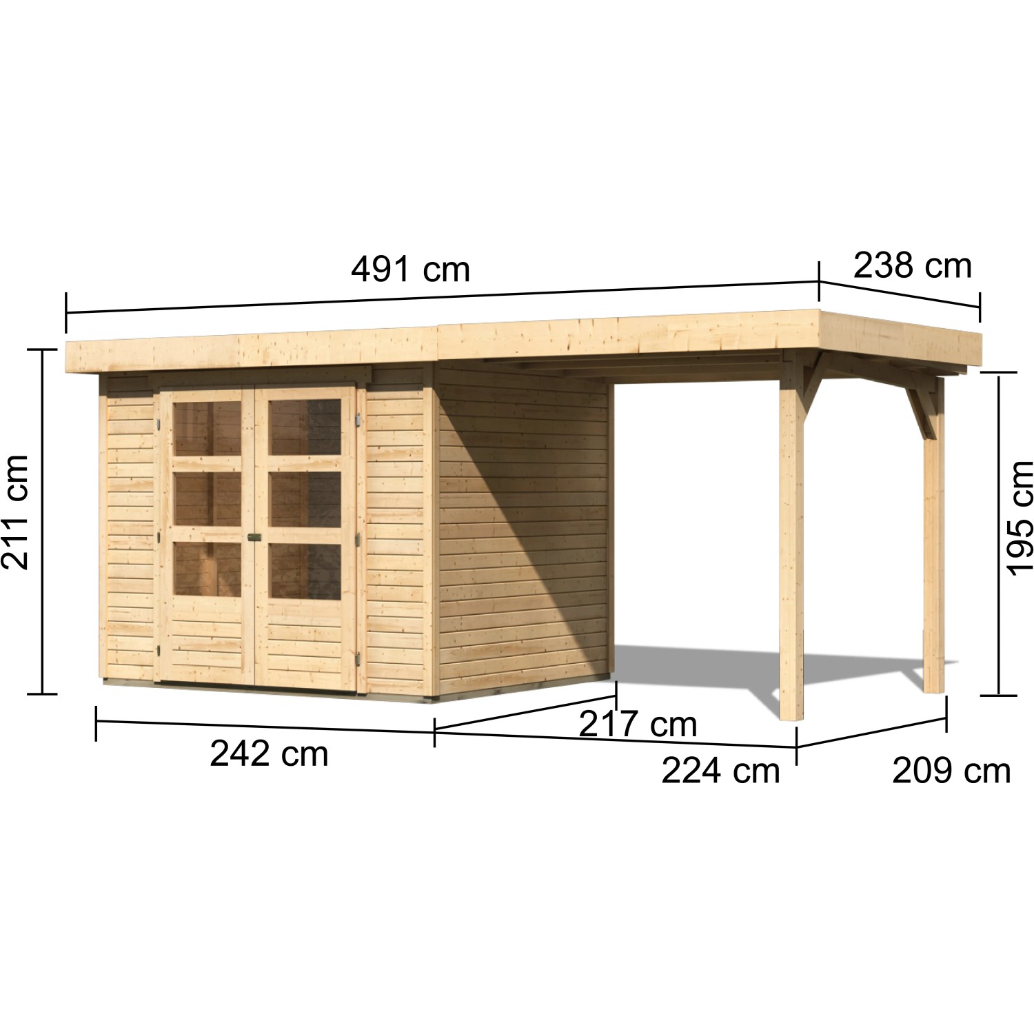 Karibu Express Gartenhaus Speedy B Set mit Schleppdach, naturbelassen, Maße sichtbar.