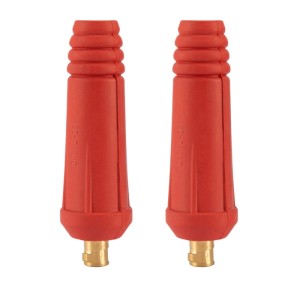 Zwei rote STAHLWERK Schweißkabelstecker aus Messing für 10-25 mm² Kabel, bis 200 A.
