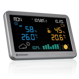 Bresser Funk-Wetterstation MeteoTemp TBH Anthrazit mit Display für Innen- und Außentemperatur.
