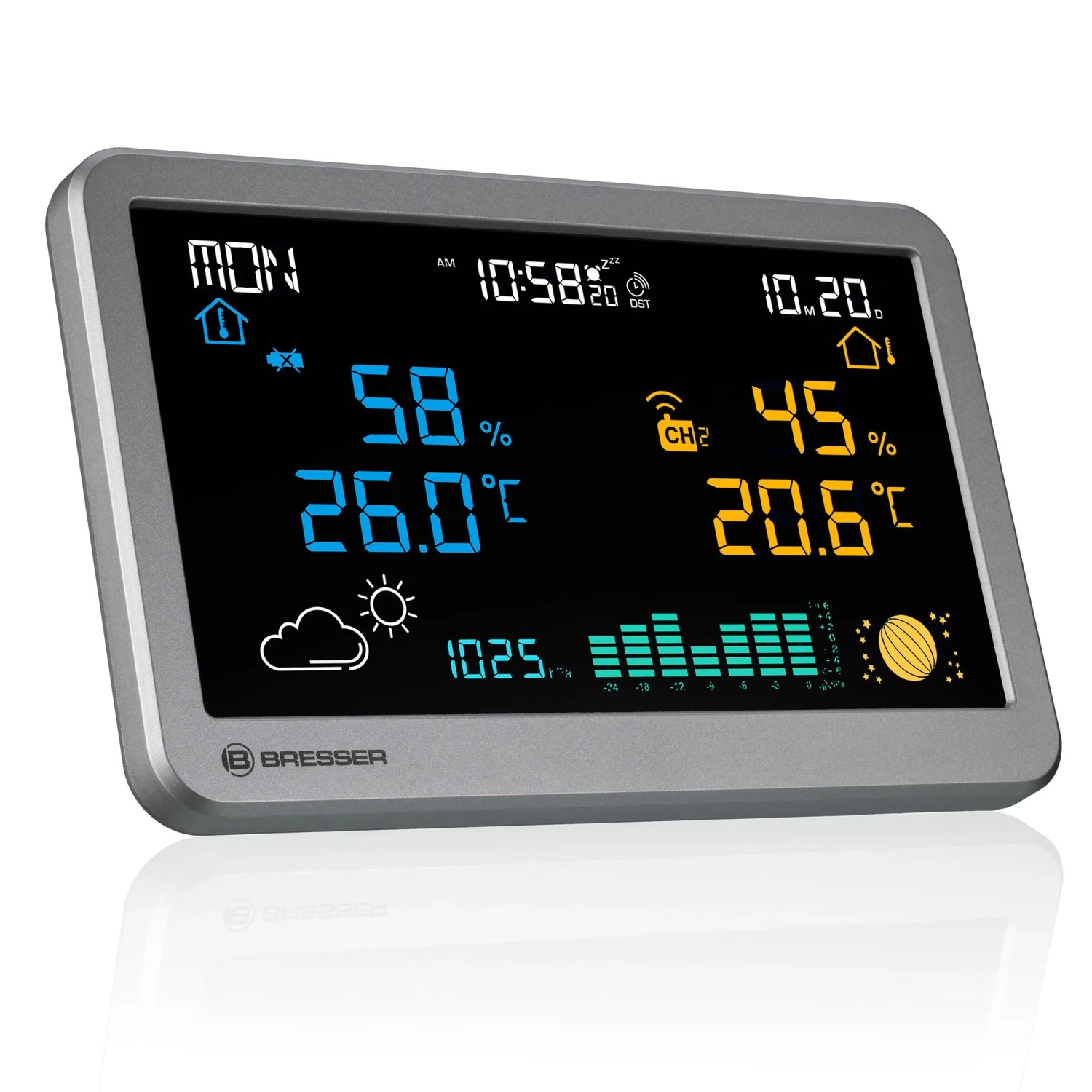 Bresser Funk-Wetterstation MeteoTemp TBH Anthrazit mit Display für Innen- und Außentemperatur.