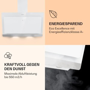 Weiße Klarstein Aurora Eco 90 Kopffrei-Dunstabzugshaube aus Glas, 90cm, mit Beleuchtung und 550 m³/h Abluftleistung.